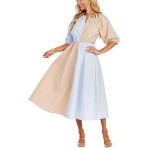 NWT Mud Pie Hutton Cut Out Midi Dress Blue Color Block Size L Cotton Summer